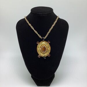 Vintage Gold Tone Turtle Pendant Necklace w/ Oval Tiger Eye Shell & Rhinestones
